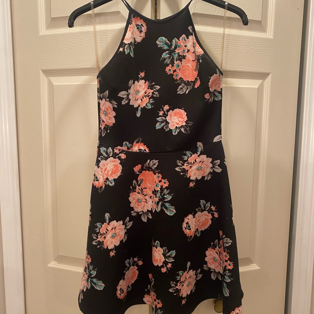 Floral Black and Pink High Neck Party Dress